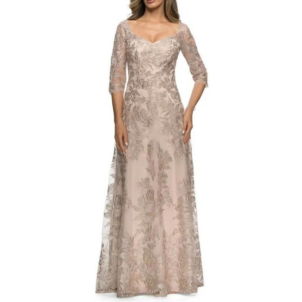 La Femme Floral Embroidered Mesh Champagne Gown Size 8 Mother of The Bride NEW